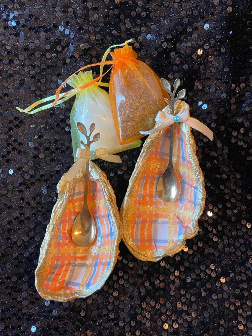 Orange Yellow Blue Plaid Oyster Shell Pinch Pots